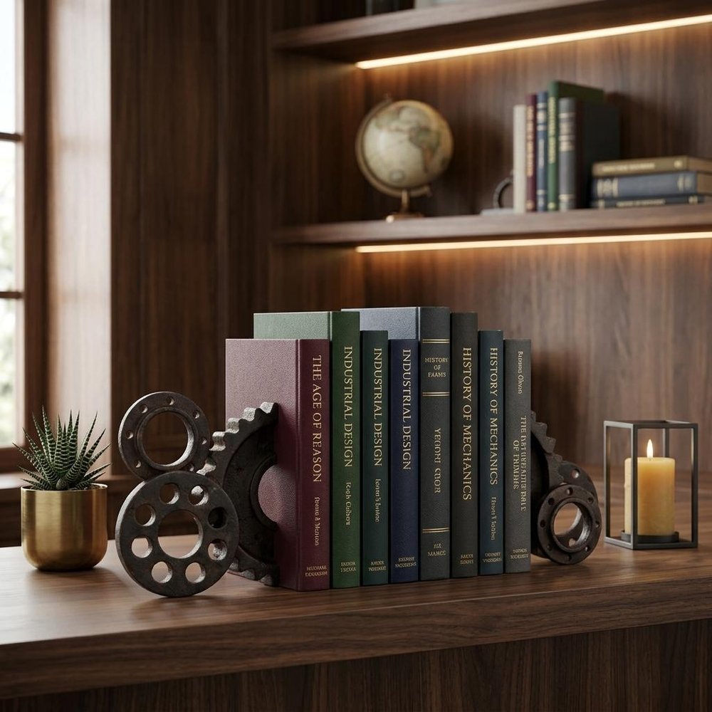 Gear Art Sculpture - Set of Two Black Cog Bookends